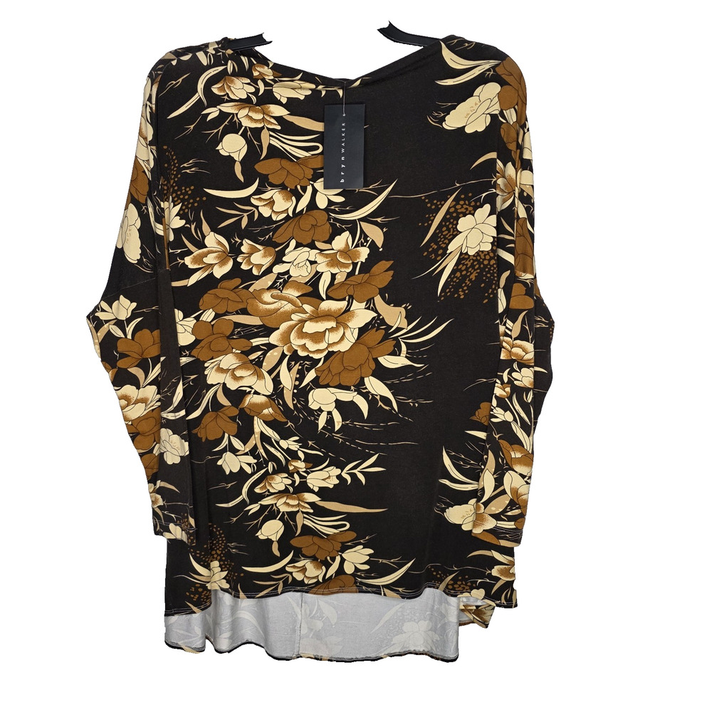 Bryn Walker Womens Large Brown Floral Tunic Top Dolman Batwing Sleeve High Low